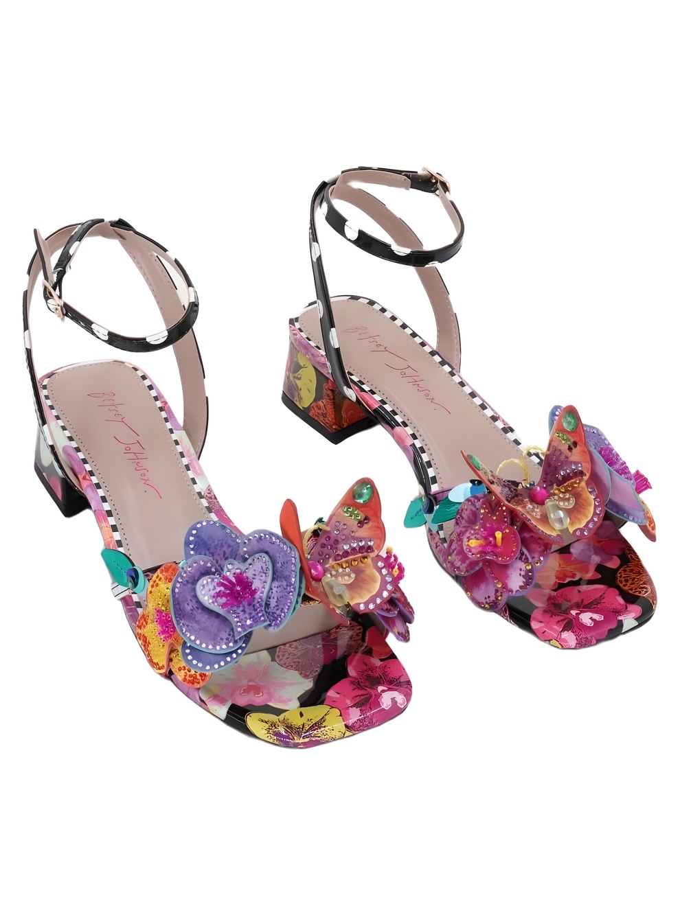 Betsey Johnson Maranda Black Multi Floral Butterfly Applique Block Heel Size 7M